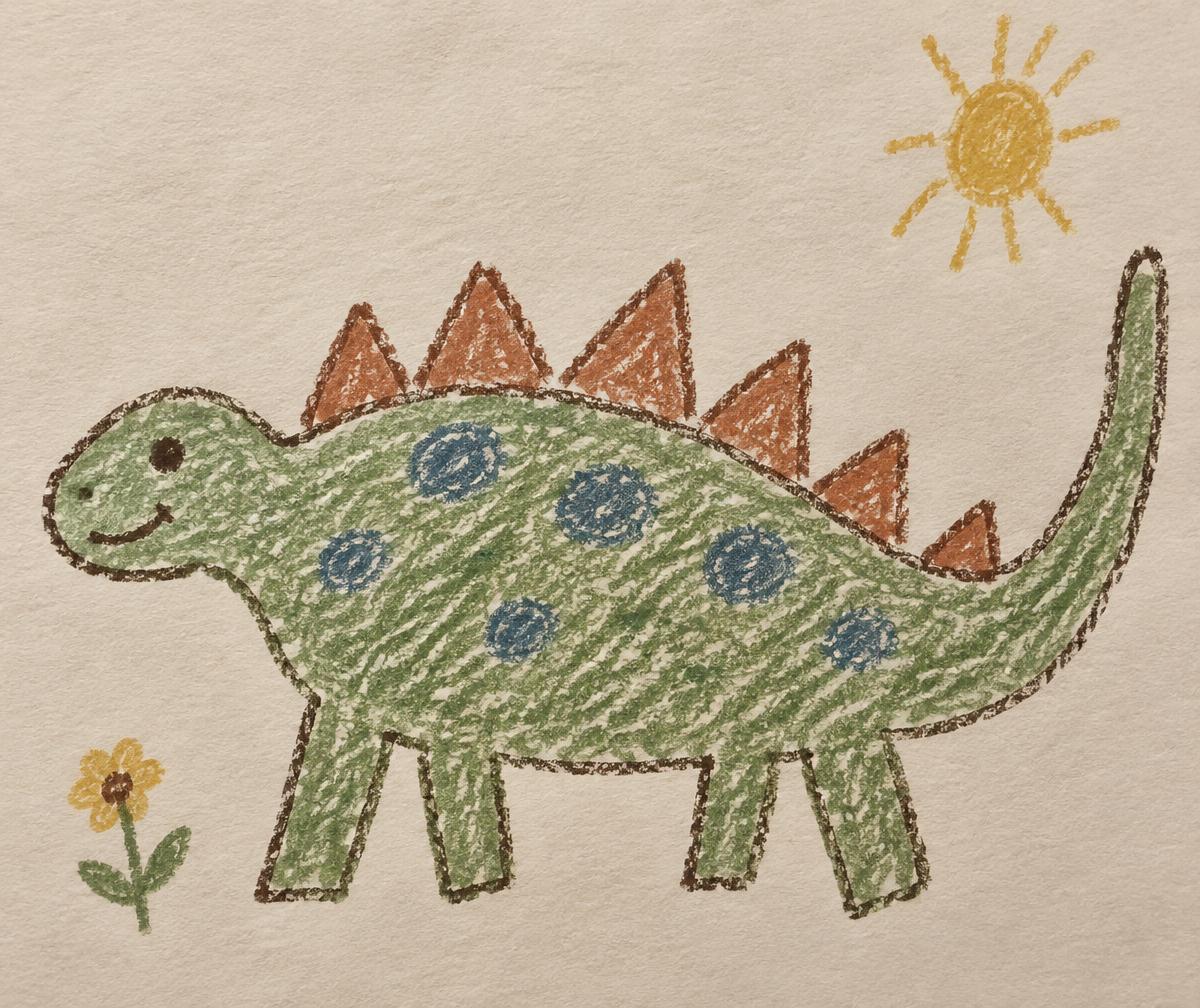 A child's crayon drawing of a wonky green dinosaur with rust-colored spikes, blue spots, a sun and a tiny flower