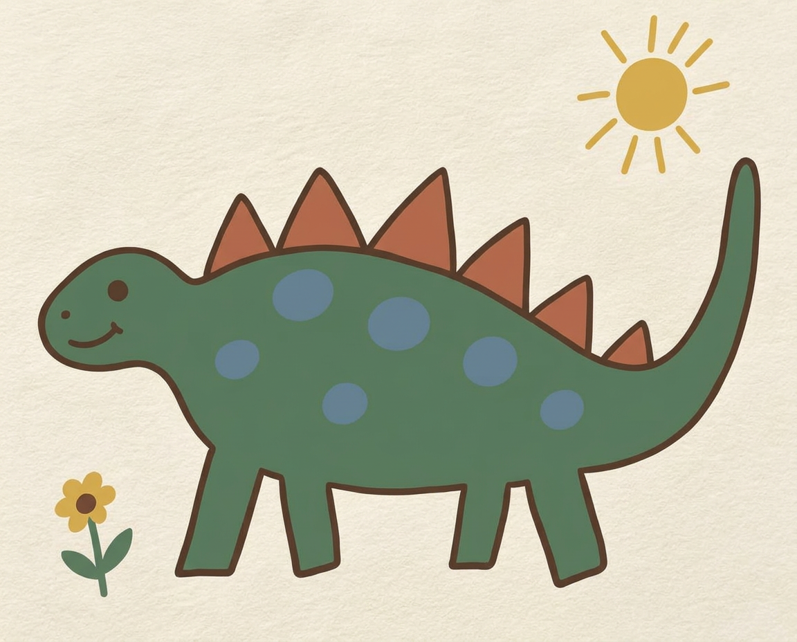 The same dinosaur drawing carefully simplified into flat embroidery-ready artwork