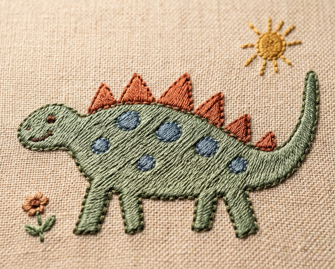 The same dinosaur recreated as raised embroidery on natural woven fabric